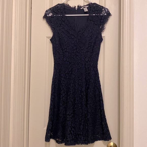 h&m navy blue dress Boden Women's Lace Plunge Neck Panel Dress in Blue main image 1